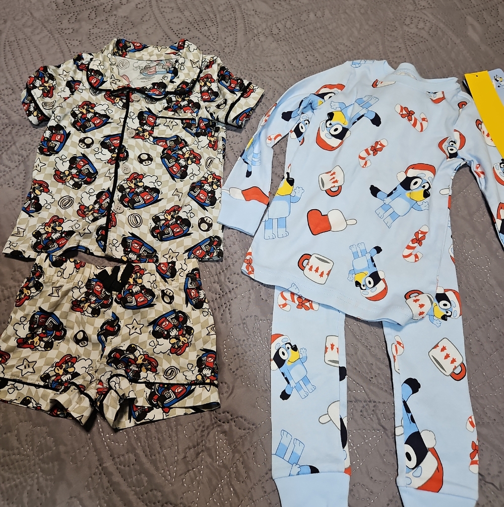 Kids Two-Piece Pajama Sets - Beige Cartoon Print & Light Blue Penguin Print